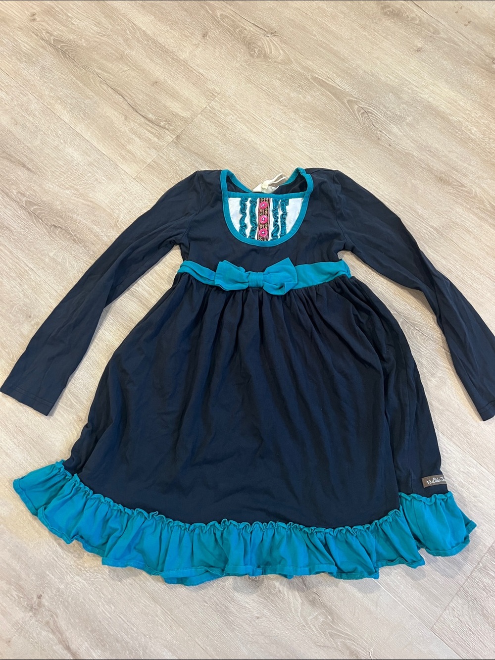 Matilda Jane Navy Dress with Teal Trim and Bow Size 8